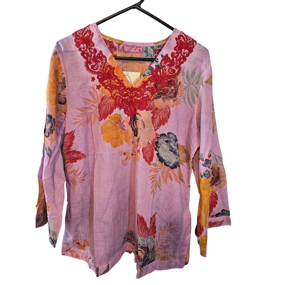 Vintage Goa‎ Floral Embroidered V Neck Tunic Top Blouse Pink Women's Size M
